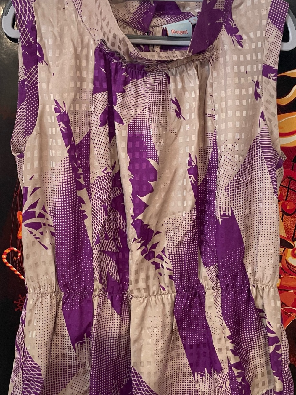 Purple and Cream Patterned Sleeveless Blouse by